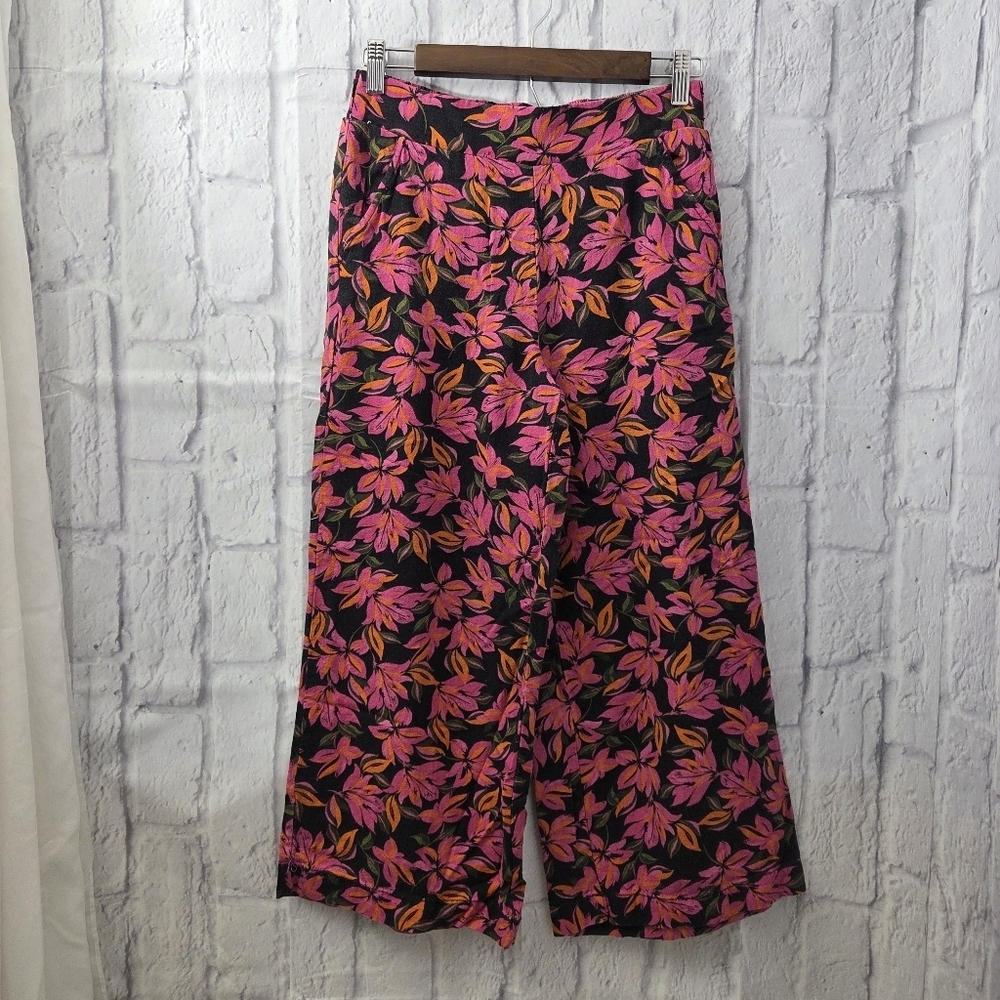 Kensie Jeans Extra Small Tropical Pink Print Linen Blend Wide Leg Ankle Pants